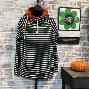 AMPERSAND AVE Black and White Striped Hoodie with Orange Accents small